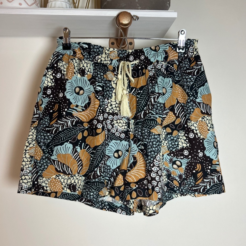 Joie Floral‎ Batik Print Linen Blend Tassel Drawstring Shorts Blue Mustard 6